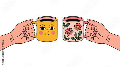 A cheerful illustration of two hands holding unique coffee mugs, one with a face and one with flowers