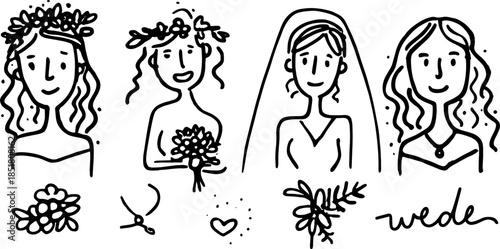 Silhouette drawings of women in bridal attire, featuring floral elements and accessories. Hand-drawn vector illustration set for wedding themes.