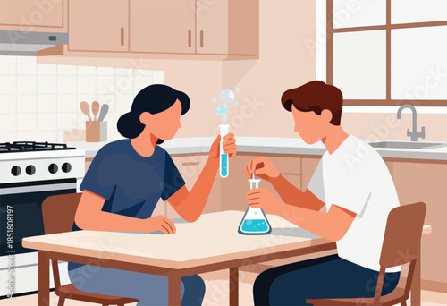 Two young people in a kitchen are doing a science experiment with liquids