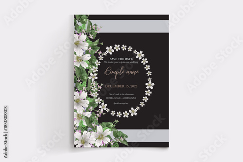 WEDDING INVITATION FRAME WITH FLOWER DECORATIONS AND FRESH LEAVES