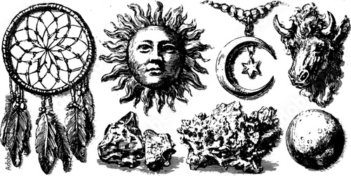 Dreamcatcher, sun, and moon in a vintage engraving style. Detailed hand-drawn vector illustration set featuring cultural symbols.