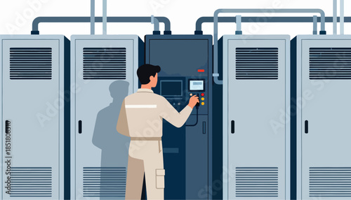 Worker adjusts control panel near server racks in a cool-toned industrial setting