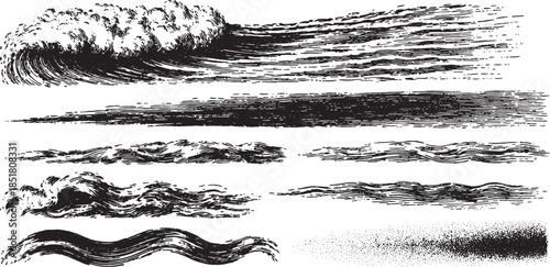 Brush stroke waves in black ink. Artistic vector set for unique backgrounds and graphic design illustrations.