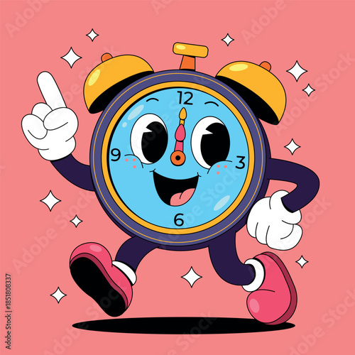 Retro Cartoon Alarm Clock Running with Sparkles