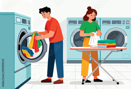 Couple doing laundry and ironing in a laundromat