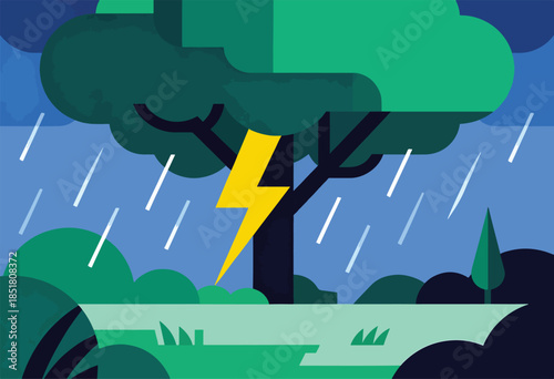 A stylized lightning strike illuminates a rain-soaked landscape with dark trees