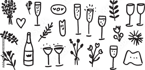 Champagne glass and bottle with floral elements. Simple vector illustration set for celebration and decor.