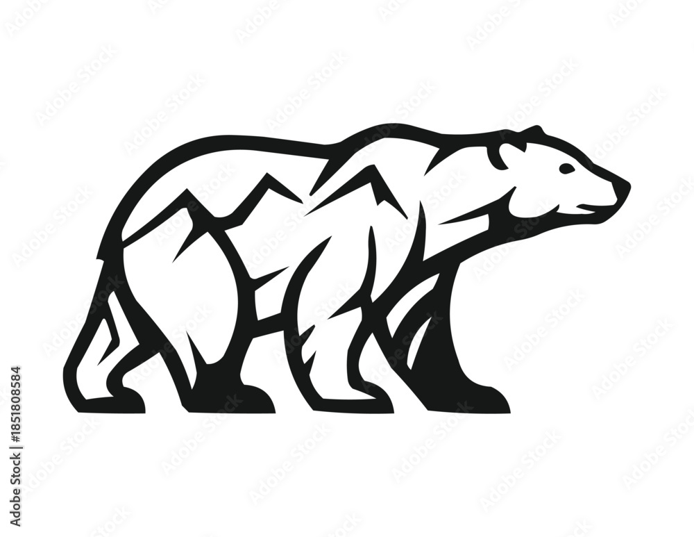 Obraz premium Polar bear silhouette with mountain range, minimalist arctic animal landscape vector illustration, wilderness and adventure logo design element