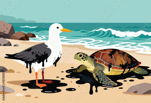 Oiled seagull and turtle on a sandy beach near polluted ocean waves