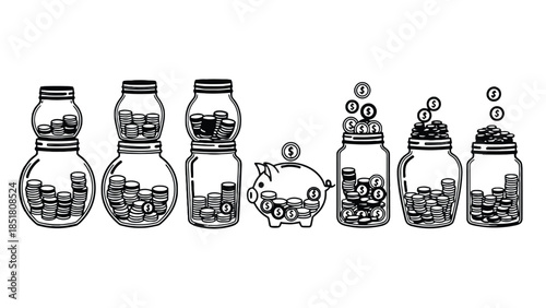Piggy bank and jars filled with coins represent saving money.