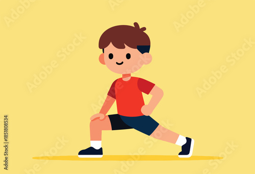 A stylized child performs a low lunge stretch, demonstrating active movement