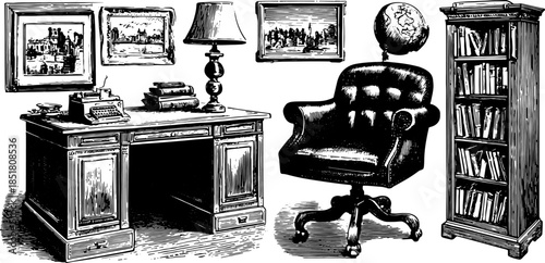 Vintage desk and chair with a typewriter, lamp, and globe. Illustrated bookshelf and paintings complete the stylish office vector illustration set.