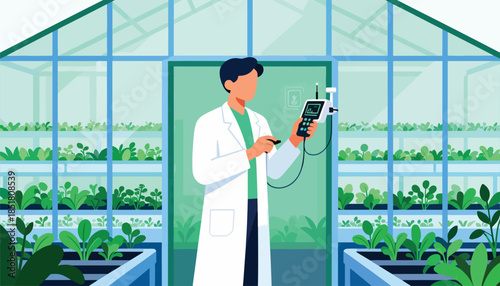 Scientist in greenhouse checks plant growth with monitor