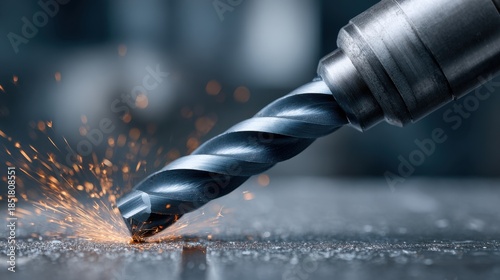 Close-Up of a Metal Drill Bit Producing Sparks While Boring into Steel Surface in Workshop Environment