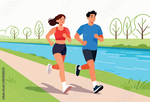 Couple enjoys a healthy jog along a tranquil waterfront path