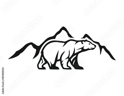 Polar bear silhouette with mountain range, minimalist arctic animal landscape vector illustration, wilderness and adventure logo design element