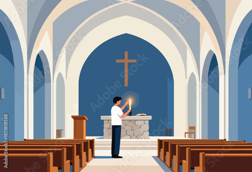Person lights candle before altar in church with cross and pews