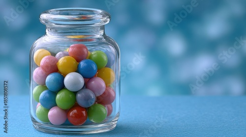 Colorful Gumballs in a Clear Glass Jar Against a Soft Blue Background for Home or Office Decor