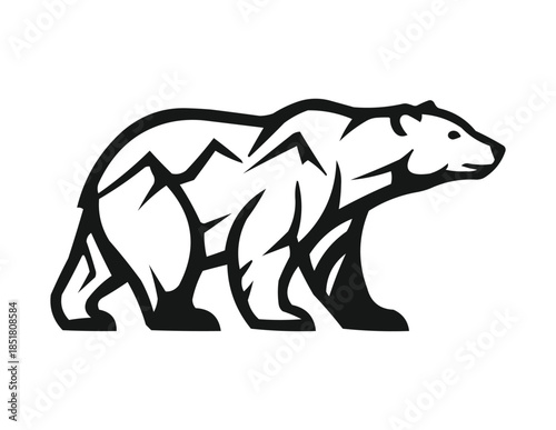 Polar bear silhouette with mountain range, minimalist arctic animal landscape vector illustration, wilderness and adventure logo design element