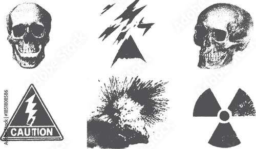 Skull icons and caution signs in a vector illustration set. Simple graphic design in black and white, suitable for safety and danger contexts.