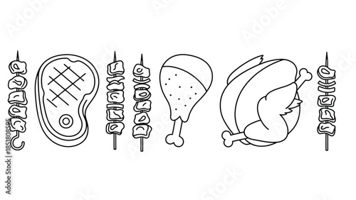 A collection of grilled meats and a whole chicken are depicted in a line drawing.