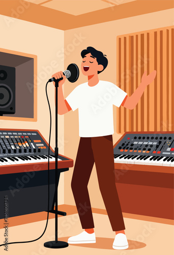 A person sings into a microphone in a music studio with synthesizers and speakers