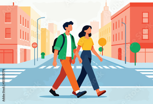 Two people walk across a city street, past buildings and streetlights