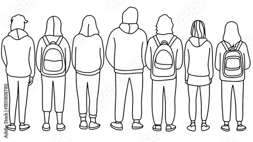 A group of seven people stand facing away from the viewer, all wearing hooded sweatshirts and backpacks.