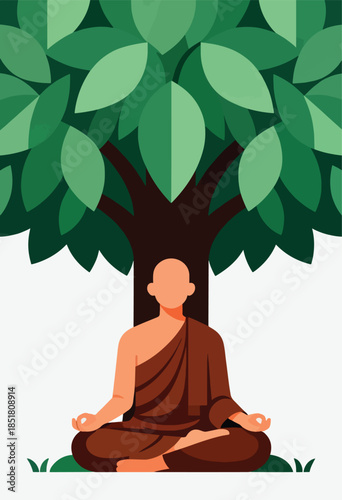 A serene figure meditates under the lush green canopy of a large tree