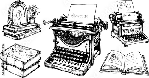Illustration set featuring vintage typewriters and books in black and white. This detailed vector illustration highlights classic writing tools.