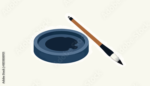 A simple inkwell and calligraphy brush set on a light background