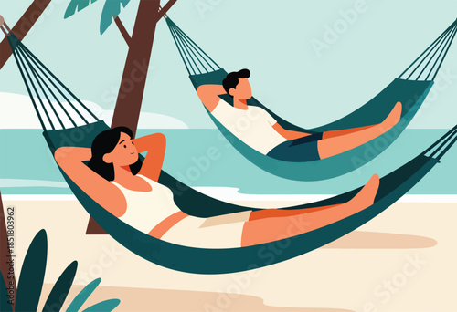 A couple relaxes in hammocks on a tranquil beach, enjoying the ocean breeze