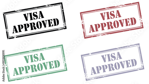 Four different colored visa approved stamps on a white background