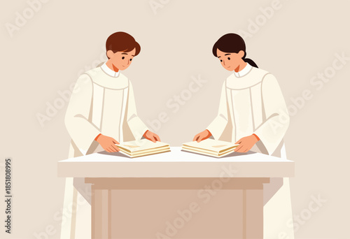 Two young people in white robes stand at a table with books