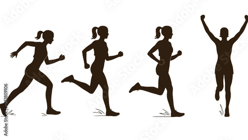 Silhouette of a woman running through different stages of a race.