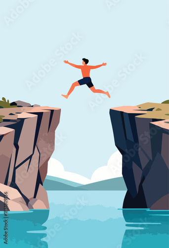 Man leaps across a wide gap between two rocky cliffs