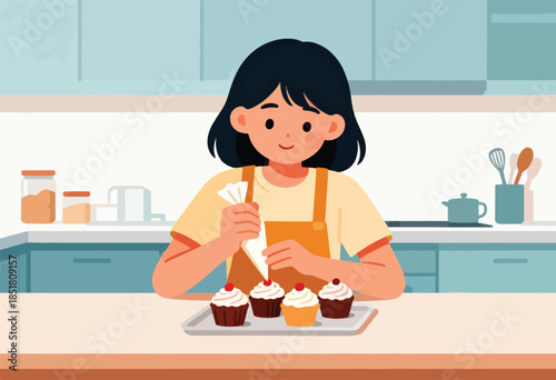 Person decorating cupcakes with frosting in a kitchen