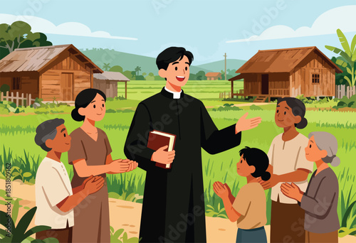 Clergyman greets villagers near huts in a lush, rural landscape