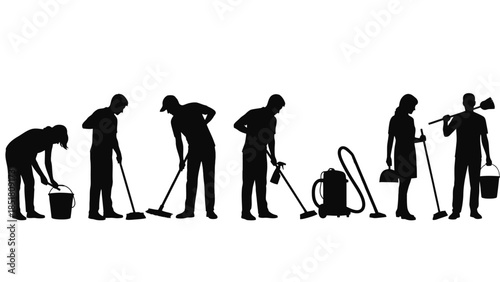 A sequence of silhouetted figures performing cleaning tasks from history to present.