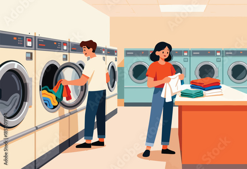 People doing laundry at machines and folding clothes at a counter