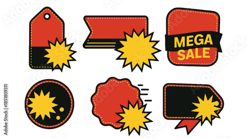 A collection of red and black sale tags with yellow starbursts.