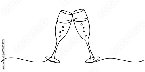 One line champagne toast. Continuous linear couple wine glasses clink. Wedding party cheers. Minimalist new year celebration vector concept, Two clinking champagne glasses one line design. Creative