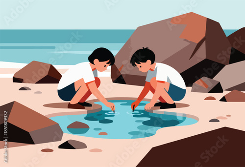 Two children crouch by a tide pool, observing the water with sticks