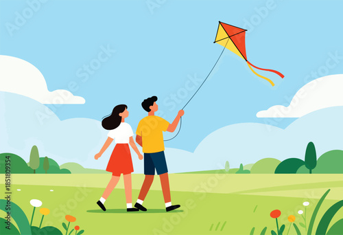Couple walking in a meadow, flying a kite under a blue sky