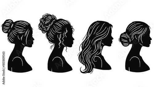 Four diverse female silhouettes display different hairstyles against a white background.