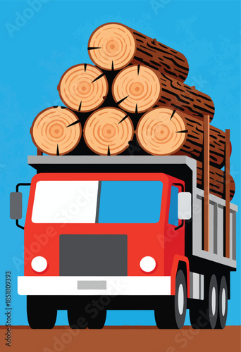 Red truck loaded with cut logs drives under a blue sky
