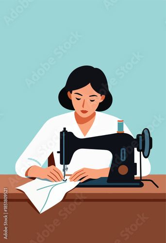 Woman sewing fabric with a vintage sewing machine at a wooden table