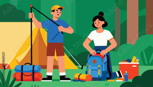 People setting up camp with tent, backpacks, and supplies in a forest