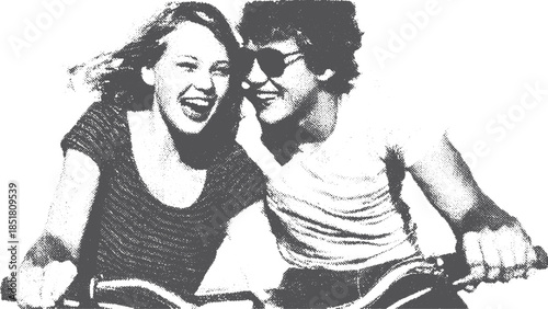 Couple biking in a black and white illustration. Smiling and joyful, this vector image captures an exciting outdoor adventure.