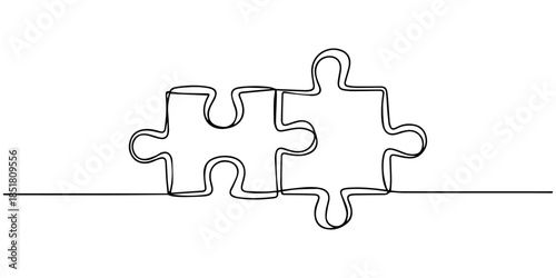 Two connected puzzles line art jigsaw pieces continuous one line drawing. Puzzles icon single line art. Vector illustration, Continuous one line drawing of two pieces of jigsaw on white background.